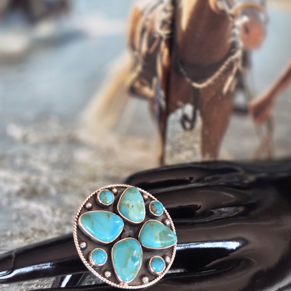 🆕️Kingman Turquoise Sterling Silver Statement Ring Adjustable~ Fits Size 6-8 - Picture 6 of 12